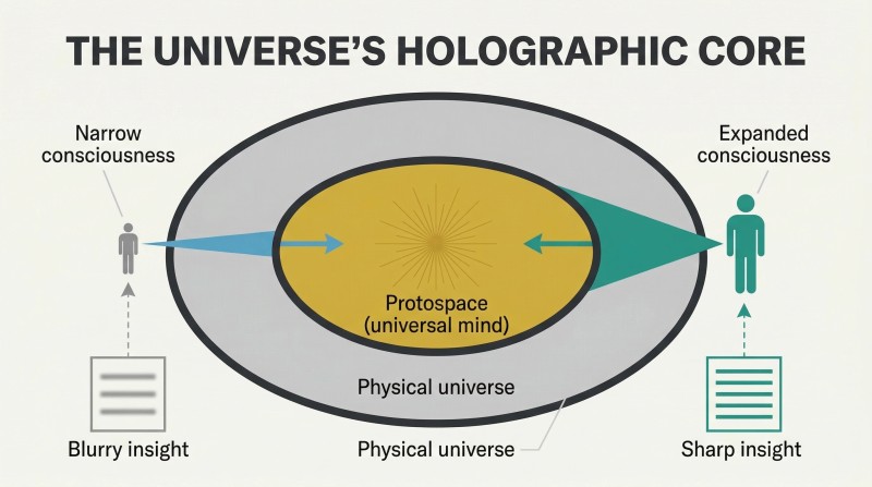 Cross-section of a torus showing a glowing inner core, with two figures projecting narrow and wide beams into it, illustrating how expanded consciousness retrieves sharper knowledge.