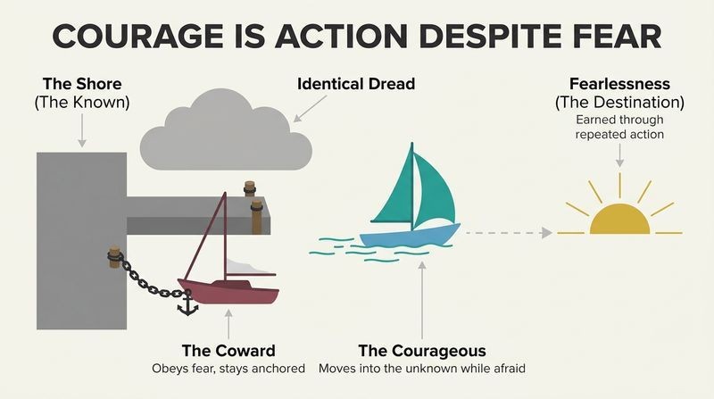 A conceptual diagram showing two boats starting under the same cloud of fear; one stays anchored to the safe shore, while the other sails into the uncharted open sea toward a golden sun of fearlessness.