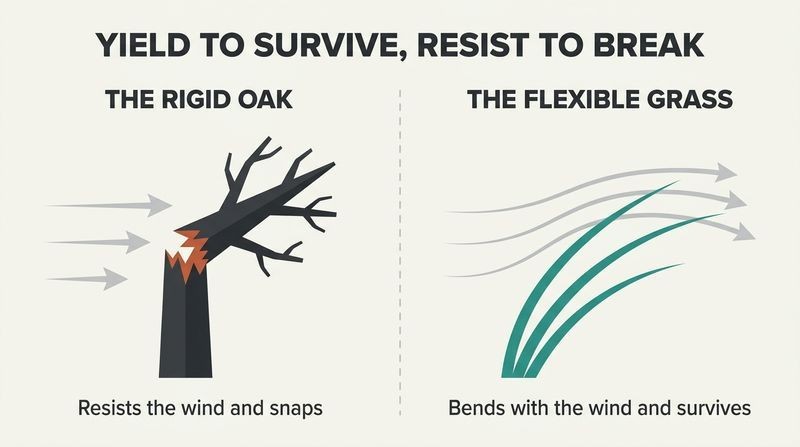 Split panel diagram contrasting a cracked, rigid oak tree with flexible, bending blades of grass surviving a storm.