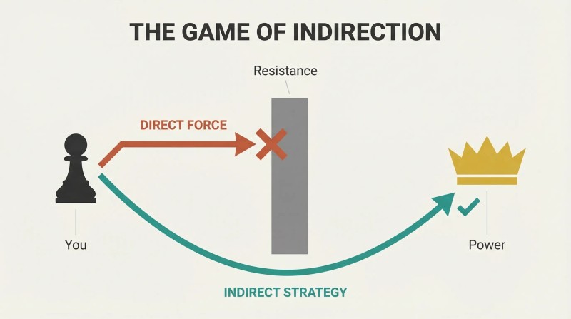 Two paths diverge from a chess pawn: a direct arrow hits a resistance wall while a curved path flows around it to reach a golden crown.