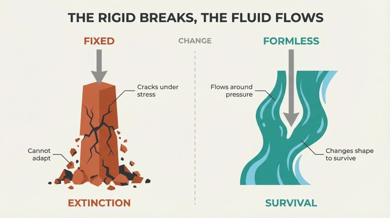 Split comparison of a stone pillar cracking under downward force versus water flowing around the same force, showing formlessness outlasting rigidity.