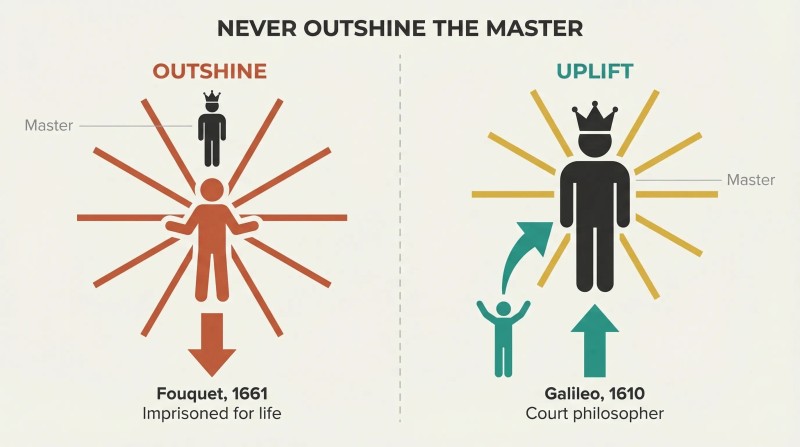 Split panel comparing two strategies: a radiant subordinate overshadowing a diminished master leads to downfall, while channeling talent upward to enhance the master leads to elevation.