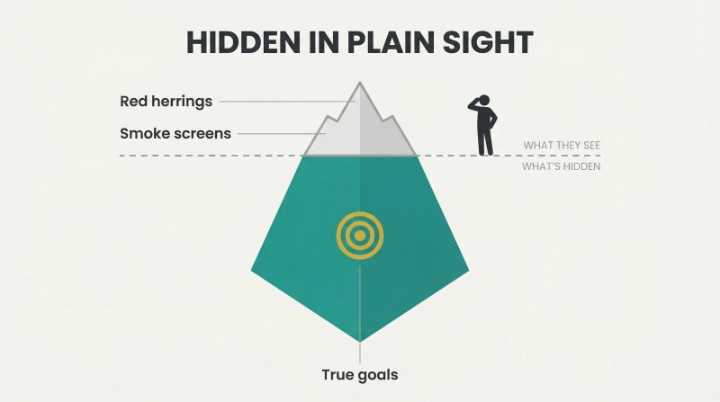 Small bland iceberg tip labeled with deception techniques floats above a dashed perception line while the massive teal mass below contains the concealed true goals.