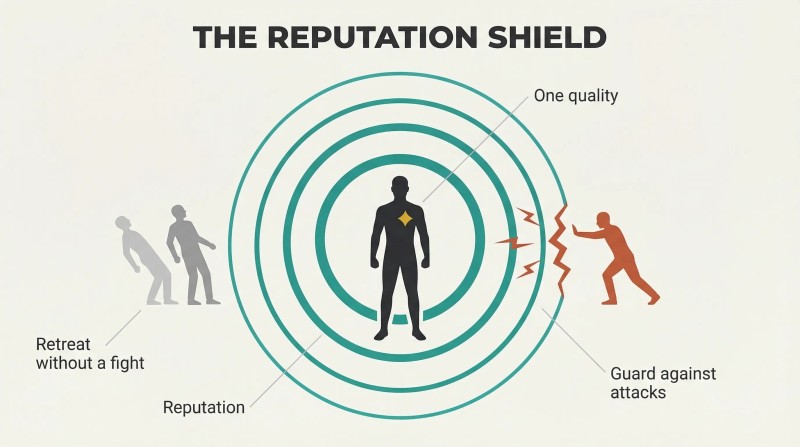Central figure surrounded by concentric teal rings representing reputation, with retreating enemies on the left and a crack from an attacker on the right showing the need to guard it.