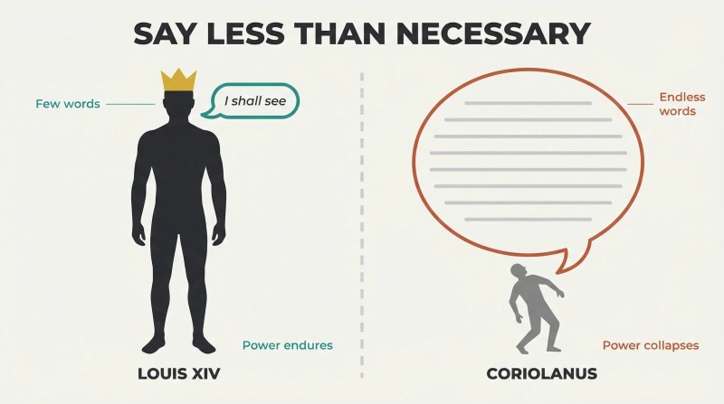 Split panel contrasting a tall crowned silhouette with a tiny speech bubble against a small figure dwarfed by an enormous overflowing speech bubble, showing the inverse relationship between words and power.