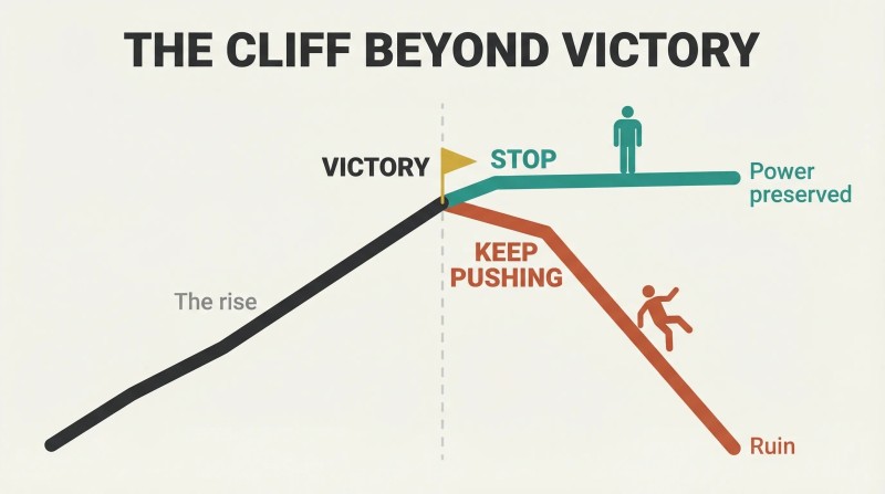 Rising path reaches a victory threshold then forks into a level plateau labeled power preserved and a steep cliff drop labeled ruin, showing the danger of not stopping after success.