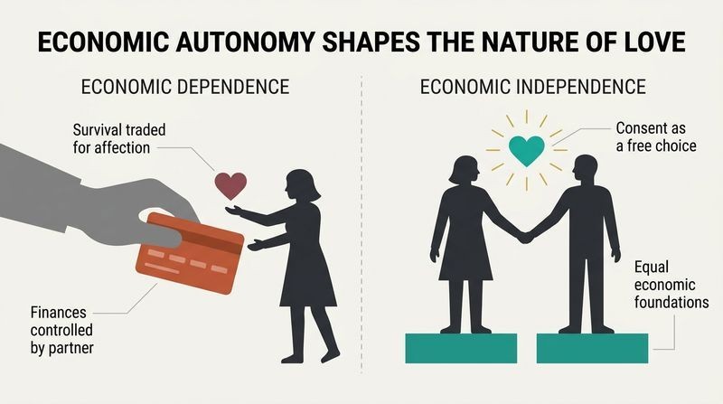 A split-panel diagram contrasting transactional intimacy under economic dependence with free-choice love enabled by individual economic independence.
