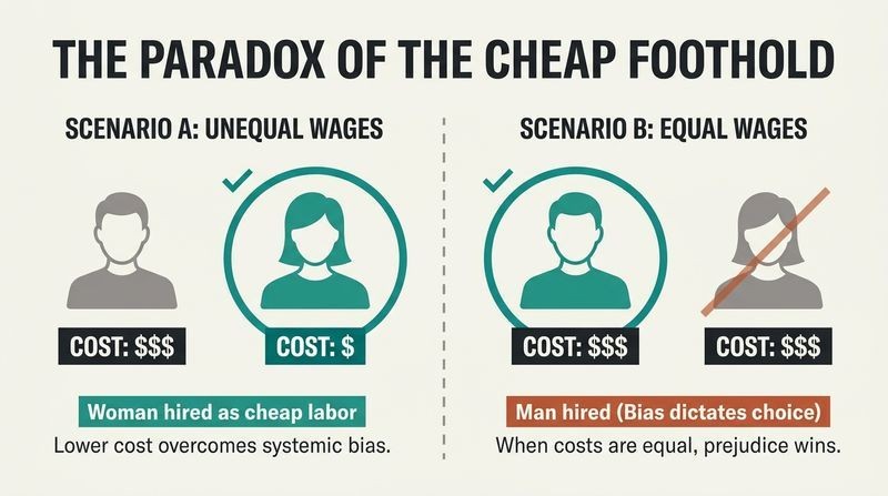 Split-panel diagram illustrating that when women's wages are lower than men's, they are hired as cheap labor, but when equal pay is demanded, systemic bias causes employers to favor men.