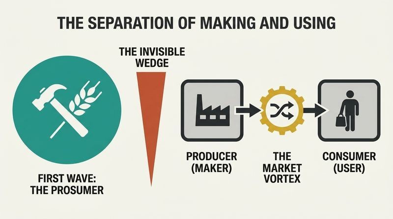 A diagram showing how pre-industrial self-sufficient prosumers were split by the wedge of industrialism into separate producers and consumers, with the market acting as the central switchboard to reconnect them.