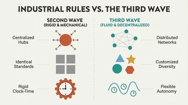 Split-panel diagram contrasting rigid, uniform Second Wave industrial rules with fluid, decentralized Third Wave alternatives.