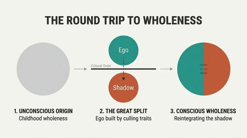 Three-stage progression diagram showing psychological shadow integration, from unconscious childhood wholeness, to the split of ego and shadow across a cultural line, to conscious integration in maturity.