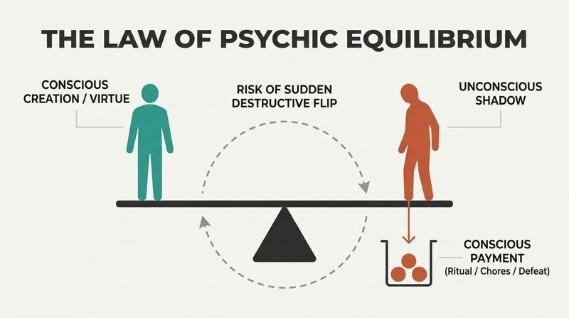 A balanced seesaw diagram illustrating how conscious success or virtue creates an equal shadow weight that must be discharged through symbolic conscious payment to avoid a sudden flip.