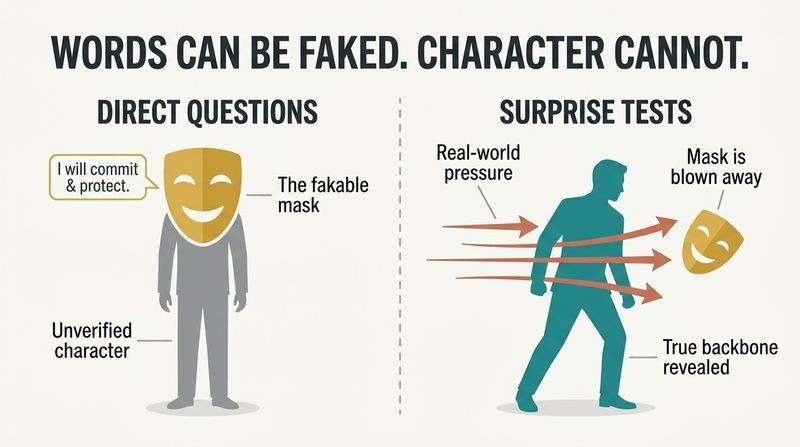 Split-panel diagram contrasting verbal claims with character tests, showing a fake mask easily hiding a man's true nature under direct questioning, while a pressure test blows the mask away to reveal his genuine strength.