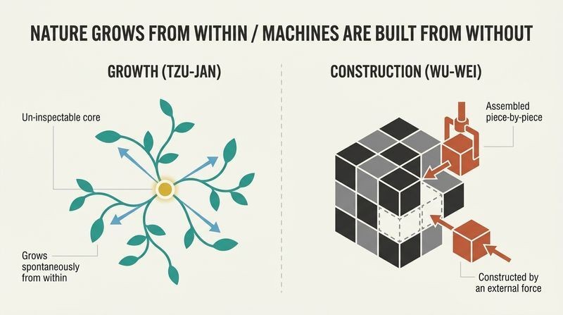 Split panel diagram contrasting a plant growing outward from a golden core with a machine assembled inward by external tools.