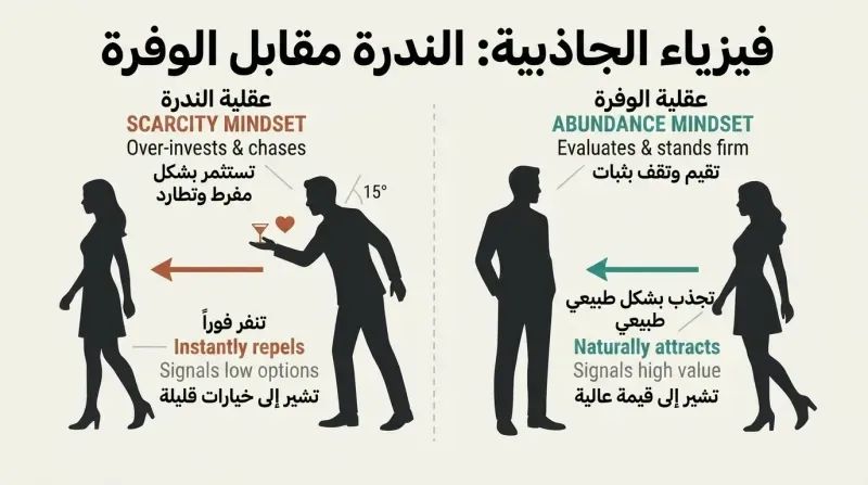 Split panel diagram comparing a scarcity mindset that repels others with an abundance mindset that naturally attracts.