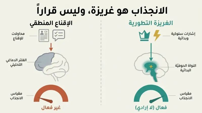 Split diagram showing how logical arguments target the analytical brain resulting in no attraction, while behavioral cues target the primitive brain to trigger involuntary attraction.