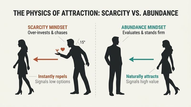Split panel diagram comparing a scarcity mindset that repels others with an abundance mindset that naturally attracts.