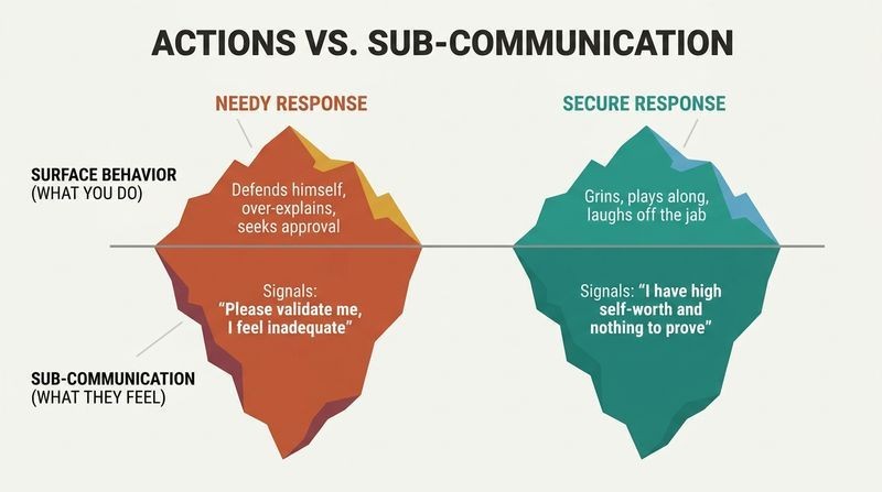 A split-panel iceberg diagram comparing how needy and secure sub-communications underlie identical surface behaviors.