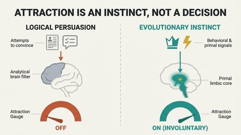 Split diagram showing how logical arguments target the analytical brain resulting in no attraction, while behavioral cues target the primitive brain to trigger involuntary attraction.