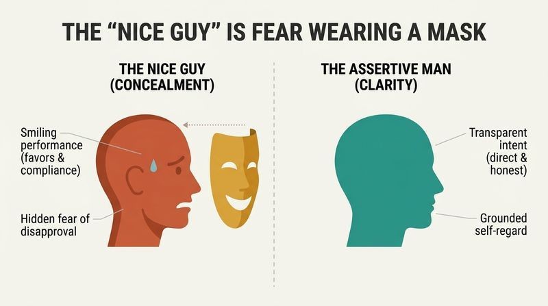 Split panel diagram contrasting the masked Nice Guy, whose smiling facade hides anxiety and fear of rejection, with the solid, unmasked Assertive Man representing transparent self-regard.