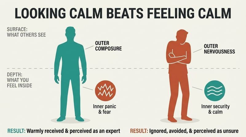 Split panel diagram demonstrating how a composed outer performance with an anxious inner state results in positive perception, while a nervous outer performance with a secure inner state results in negative perception.