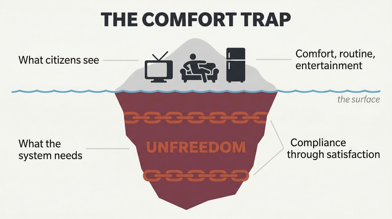 Iceberg diagram showing consumer comforts like a television and refrigerator above a waterline, with chains and bars of systemic control hidden in the larger mass below.