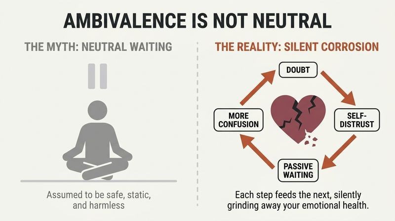 Split panel contrasting the myth of safe, neutral waiting with the corrosive reality of the self-reinforcing ambivalence cycle.